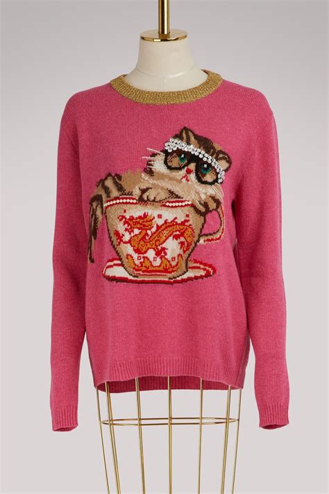 gucci pink cat wool sweater|Gucci bee embroidered sweater.